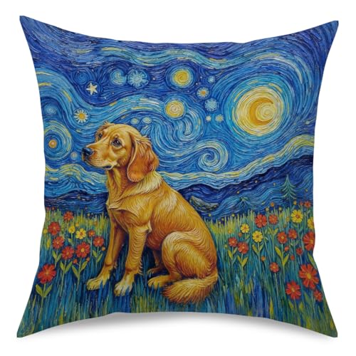 Fokongna Decorative Pillow Covers Vincent Van Gogh's The Starry Night, with a Golden Retriever in a Grassy Field Full of Blooming Flowers for Couch Home Bedroom Living Room 18 x 18 Inch Pillow Covers - color: Golden Retriever