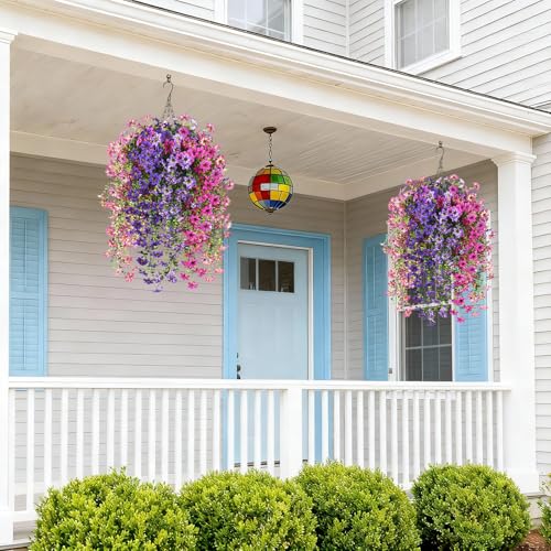 INQCMY Artificial Fake Hanging Plants Flowers Basket for Spring Outdoor Outside Decoration,UV Resistant Faux Silk Flower in Planter for Home Patio Porch Balcony Garden Yard Decor(Mixed Color) - color: Mixed Color3(2 Deep Purple,2 Light Purple,2 Deep Pink,