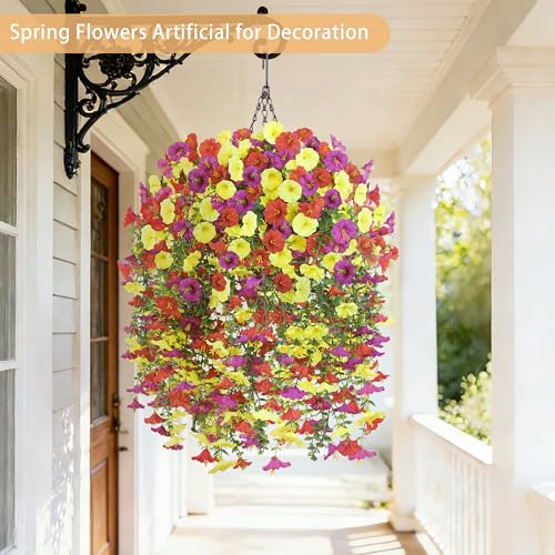 Artificial Hanging Flowers with Basket, 480 Blooms UV Resistant Faux Morning Glory Silk Plants, Fast & Easy Assembly Fake Hanging Baskets for Outdoor Porch Patio Garden Decor, Purple&Yellow&Red - color: Purple&yellow&red