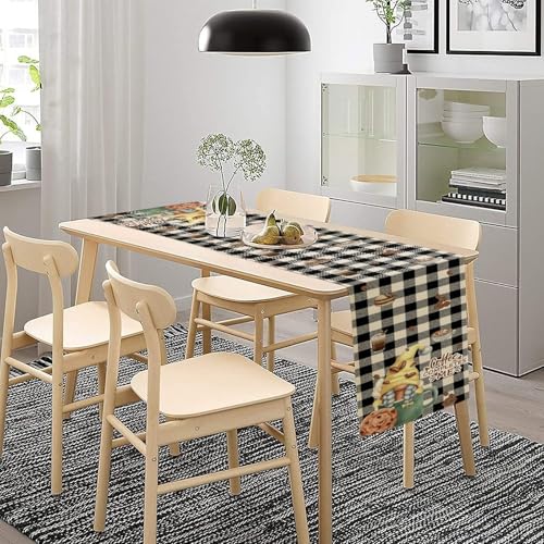 Coffee Time Table Runner, Rustic Black White Plaid Buffalo Gnome Coffee Theme Cafe Cup Tea Bean Drinks Table Center Decor for Family Outdoor Holiday Party Table Decorations, 13"x36" - color: Coffee-1, size: 13“ X 36"