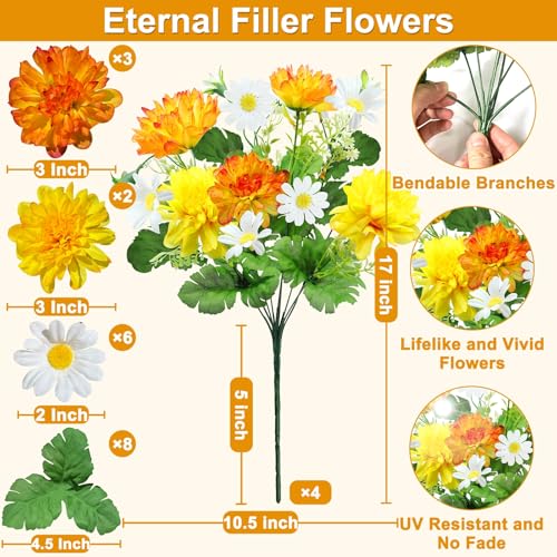 44 Heads Artificial Flowers for Outdoors, 4 Bunches 17 Inch Dahlia Daisies Mum Fake Plants UV Resistant Faux Flowers Bouquet Cemetery Flowers for Grave Outside Indoor Home Spring Summer Decor (Yellow) - color: Yellow