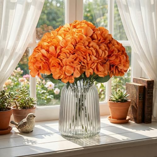 2Bouquets Artificial Fake Flowers Silk Hydrangea Arrangements Wedding Bouquets Decorations Plastic Floral Home Kitchen Garden Party Festival Bar DIY (Orange) - color: Orange, 5flower Heads