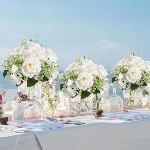 Bridesmaid Bouquets Set of 6, 7.5-Inch Wide Artificial Silk Rose & Hydrangea Wedding Bouquets for Party, Ceremony, Bridal Shower, Wedding Decor (Ivory) - color: Ivory