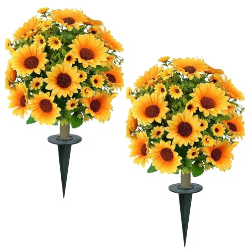 24" Artificial Boxwood Topiary Ball Tree with Ground Spike Sunflower for Outdoor Planters, UV Resistant & Waterproof Bushes, Fake Outdoor Plants for Porch Garden Yard, Set of 2