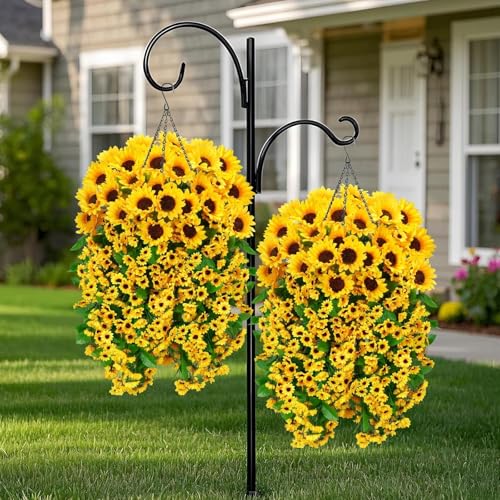 Zythrem 2 Set Artificial Flower Hanging Baskets Fake Sunflower Baskets Outdoor UV Resistant Fake Hanging Plants Baskets for Front Porch Patio Garden Yard Home Spring Summer (Yellow) - size: 27in