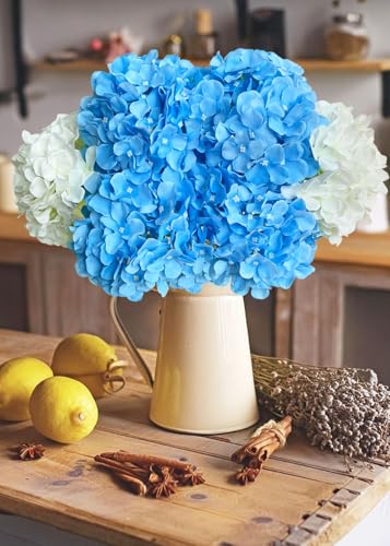 2Pcs White/ 4Pcs Blue 20" Hydrangea Artificial Flowers Silk Large Faux Floral Lifelike for Office Party DIY - color: White/Blue