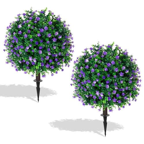 Artificial Purple Flower Boxwood Topiary Ball Trees,2 Set of 16'' UV Resistant Fake Evergreen Shrubs Bushes Plants with Ground Spike, Fake Plants for Outdoor Indoor Front Porch Garden - color: Purple Flower