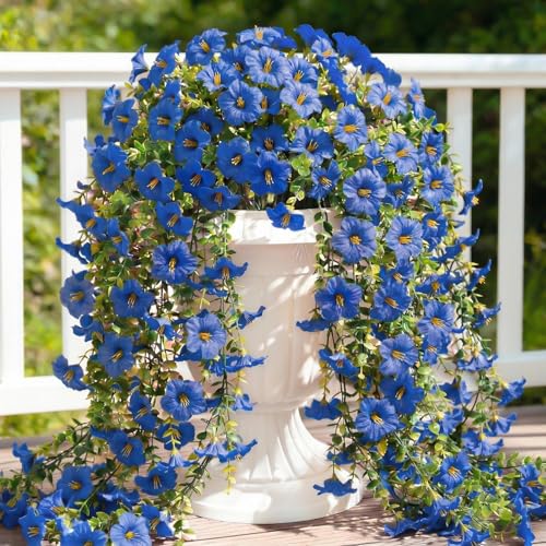 Artificial Hanging Flowers for Outdoors, 6 PCS Silk Morning Glory Artificial Flowers with Eucalyptus Leaves, UV Resistant Fake Flower Realistic Faux Plants for Home Patio Porch, Petunias+Lotus - color: Petunias-blue