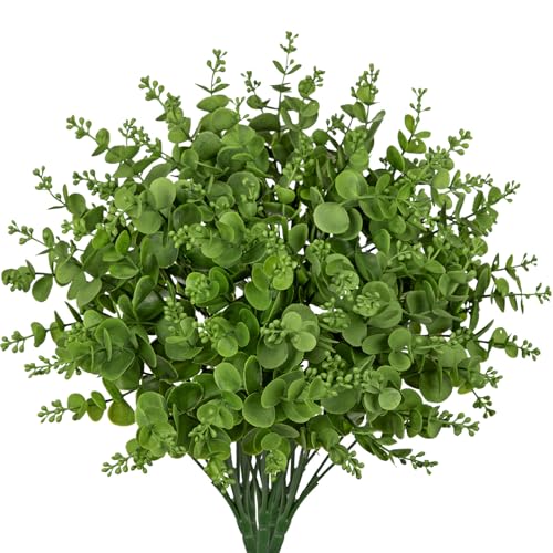 GnFlus Artificial 5Pcs Faux Eucalyptus Leaves Stems Fake Plants Sharp UV Resistant Faux Plastic Boxwood for Wedding Kitchen Office Garden Porch Farmhouse Window Box Home Decor - color: Green Eucalyptus