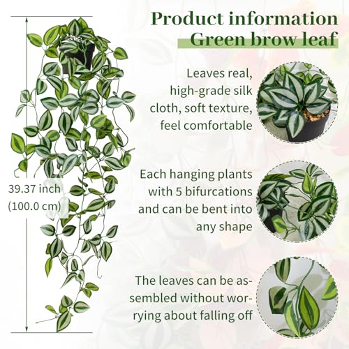 Artificial Plants Indoor Small Potted Hanging Vine plnat 39-in Long Fake Green Eyebrow Leaf Plant Faux Trailing Plant for Home Office Livingroom Desk Shelf Mantle Decoration (Black Pot) - color: Eyebrow