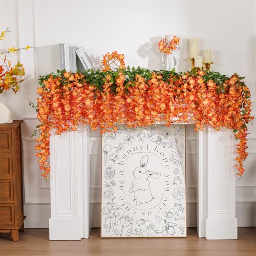 U'Artlines 10Pcs 7.2 Ft/Piece Artificial Wisteria Garland Silk Fake Orange Wisteria Flowers Hanging Greenery Vines Garlands Rattan for Home Garden Wedding Arch Party Indoor Outdoor Décor - color: Orange