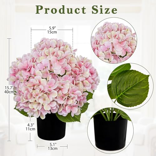Hollyone Pink Hydrangea Artificial Flowers in Pots 15.7" Five-Head Faux Silk Hydranges Flower Arrangements for Indoor Home Office Kitchen Table Centerpieces Wedding Decorations - color: Pink, size: 5 Head Hydrangea
