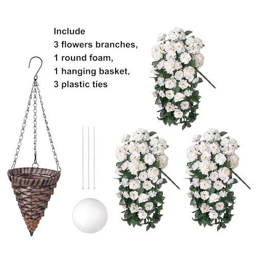 Artificial Geraniums Fake Hanging Flowers Basket for Spring Outdoor Decoration, Faux Plants Silk Geraniums Vines in Planter UV Resistant Look Real for Outdoors Yard Patio Porch Home Decor, White - color: White