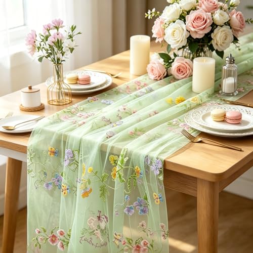 Sage Green Floral Table Runner 10ft Embroidery Tulle Spring Wildflower Table Runner Seasonal Summer Butterfly Kitchen Dining Gauze Decoration for Baby Shower Wedding Party Birthday (1 Pcs) - color: Green