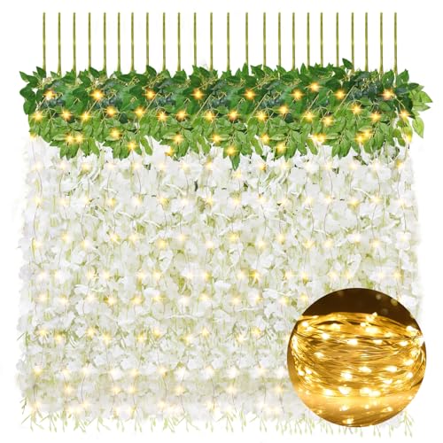 24 PCS Wisteria Hanging Flowers with Lights, 3.6ft Fake Vines Artificial Wisteria Garland Silk Flower String for Wedding Arch Garden Party Home Ceiling Wall Backdrop Tent Decoration (White) - color: White With Lights, size: 24 Pack