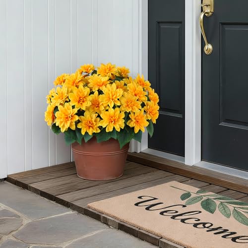 VIERENA 8 Bundles Artificial Dahlia Flowers for Outdoors Spring Summer Decor, No Fade Silk Flower Faux Dahlias Plant Arrangement for Home Garden Balcony Farmhouse（Yellow） - color: Yellow