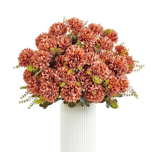 18 Heads Brown Artificial Chrysanthemum Flowers Fake Mums Brown Kiku Ball Flowers Bouquet Silk Chrysanthemums for Indoor Outdoor Table Centerpiece Vase Wedding Decoration, 2 Pcs - color: Brown Chrysanthemum
