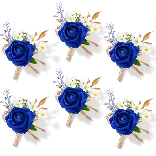 Serwalin 6 PCS Royal Blue Rose Boutonniere for Men, Artificial Silk Flower Boutonniere for Wedding Groom Groomsmen, Prom Homecoming Formal Party Suit Decoration - color: Royal Blue, size: Boutonniere 6pcs