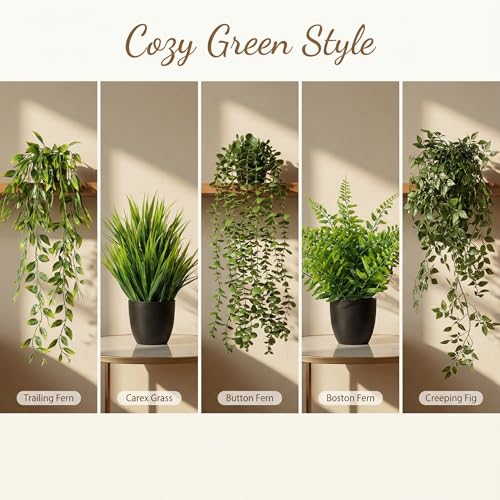 5 Pack Fake Plants - Artificial Hanging Plants & Small Potted Faux Eucalyptus Fern Ivy, UV Resistant Maintenance-Free, for Shelf Wall Desk Home Office Bathroom Indoor Outdoor Decor - size: 5-pack-5in1