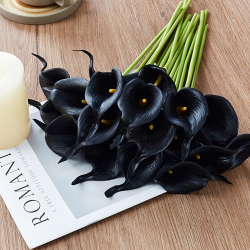 Artificial Calla Lily 12Pcs Black Real Touch Faux Flowers for Wedding Bouquet, Bride Bridal Shower, Spring Home Kitchen Table Decor, Fake Lilies for Centerpieces, Party Decorations - color: Balck