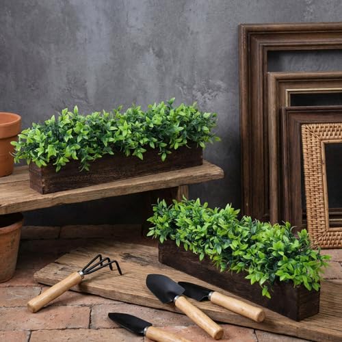 Lyrow 2 Pack 24 '' Artificial Eucalyptus Plants in Rectangular Rustic Wooden Planter Box Faux Potted Herb Plant Greenery Centerpiece for Cabinet Windowsill Table Shelf Wedding Decor (Brown) - color: Brown, size: 24 ''