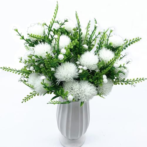 Fake White Dandelion Flowers Simulated Ball Flower Ornaments, Artificial Plant Plastic Faux Greenery Indoor Home Decor Outdoor Garden Wedding Party Christmas Vase Planter Filler DIY Decoration 4 Pack - color: Dandelions - White 4 Pack