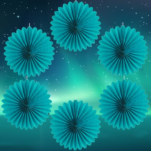Easy Joy Teal Party Decorations Paper Fans Birthday Wedding Home Party Hanging Decoration, Set of 6 (14 Inches, Teal) - color: Teal