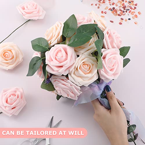 50 Pcs Artificial Foam Rose Flower Faux Bouquet Wedding Fake Rose Gift for Mother's Day Women DIY Bridal Shower Party Table Birthday Home Spring Decor (Pink,Champagne) - color: Pink, Champagne