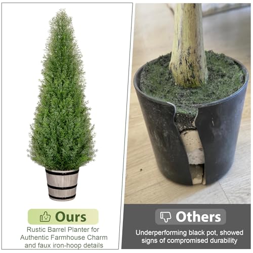 VIVATREES 3FT Artificial Cedar Topiary Trees with Rustic Barrel Planter, Outdoor Indoor Realistic Faux Pine Shrubs Plants, Fake Cypress Trees for Home Offices Porch Decor, Set of 2 - color: Brown, size: 3FT