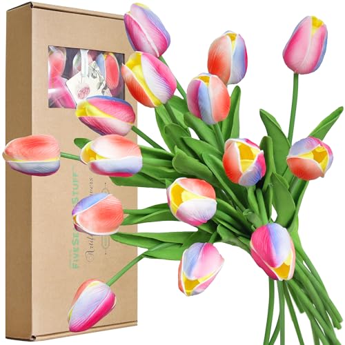 FiveSeasonStuff Real Touch Rainbow Tulips Bouquet, 15 Multicolor Artificial Stems with Soft PU Petals - color: Pastel Rainbow