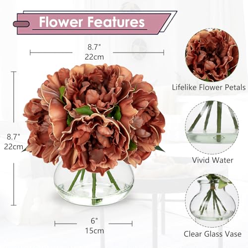 Hollyone Coffee Peonies with Vase Fall Flowers Artificial for Decoration Faux Flower Peony Fake Flowers Silk Flower Arrangements in Glass Vase with Faux Water Centerpiece Fall Decorations for Home - color: Peony, Coffee