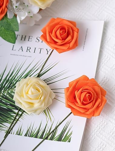 50pcs Artificial Flower，Real Touch Foam Roses w/Stem DIY for Wedding Bouquet Centerpieces Party Shower Home Decor-Yellow Orange - color: Yellow Orange