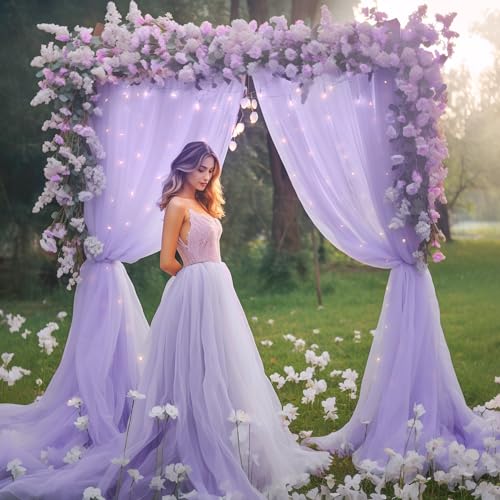10ft x 8ft Purple Backdrop Curtain with Lights String for Parties, Sheer Tulle Wedding Photo Backdrops Drapes for Baby Shower Birthday Party Decorations Background for Photography - color: Purple, size: W5' x H8'(2 panels)