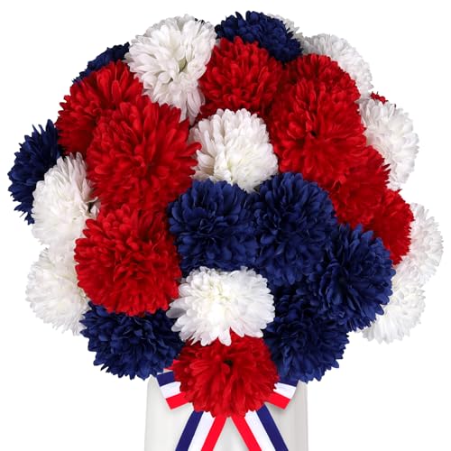 36 Pcs Artificial Chrysanthemums Flowers Patriotic Flowers Decor 4th of July Fake Silk Flowers Bouquet for Home Decor Indoor Memorial Day Table Centerpiece (Red, White, Blue) - color: Red, White, Blue