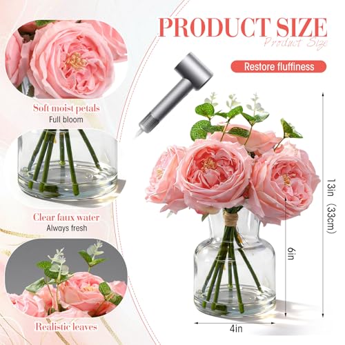 Norme Real to Touch Penoies Artificial Flowers, 6 Pcs Faux Austin Rose in Vase with Big Bloom and Fake Water Real Latex Petals for Wedding Dining Table Centerpiece Home Decor(Pink) - color: Pink