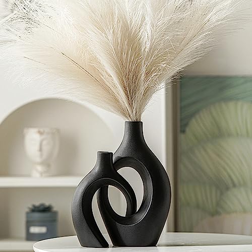 Levvohd XL Black Ceramic Vase Set of 2 for Modern Home Decor, Neutral Boho Round Donut Pampas Grass Vases, Nordic Aesthetic Vase, for Living Room Coffee Table Fire Place Book Style Shelf (H 11.1") - color: Black - Xl Round