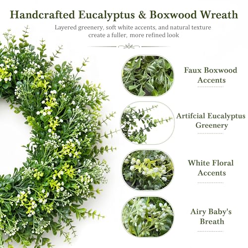 26 Inch Large Artificial Boxwood Wreaths for Front Door All Season, Eucalyptus Wreath with 2 Sashes, Baby's Breath and Flower Buds, Summer Farmhouse Greenery Decor for Outdoor, Porch, Home