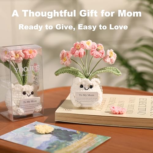 YOOJEE Crochet Forget Me Not Gift for Mom – Mothers Day Gifts from Daughter Son, Handmade Pink Flower Pot with Card “to My Mom”, Cute Desk Decor, Ready-to-Gift with Clear Box - color: E-mom-pink