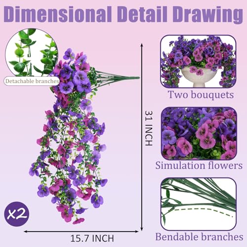Spring Porch Decor, 2 Pack Hanging Artificial Flowers Outdoor – Fake Orchids for Hanging Baskets, UV Resistant Faux Flowers for Front Porch, Tall Artificial Plants for Outdoor Planters（double purple） - color: Double Purple-2 Pack