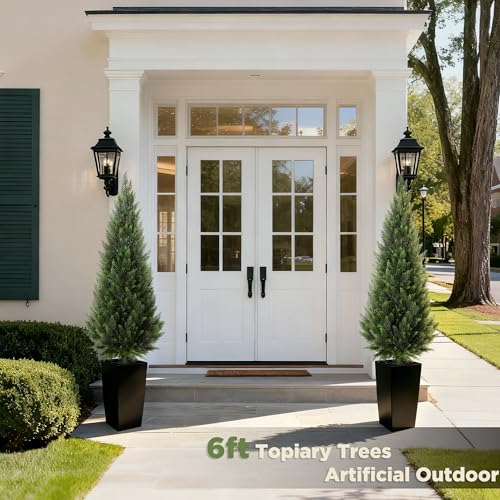 6FT Tall Artificial Cedar Topiary Tree with Compact Pyramidal Shape, Realistic Faux Cypress in Square Black Pot with Fillable Water Bag, Outdoor Evergreen for Front Porch Garden Home Decor - color: Black-pyramid Topiary, size: 6ft-1pack
