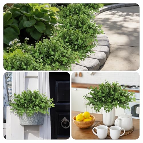 6 Bundles Artificial Greenery Stems, 14.5" Fake Lucky Bamboo Leaves Faux Outdoor Plants UV Resistant Plastic Shrubs for Outside Home Room Garden Patio Front Porch Farmhouse Pathway Indoor Decorations - color: Green