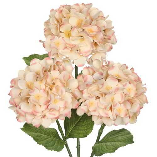 Hollyone 3Pcs Beige Hydrangea Artificial Flowers 28.7" Real Touch Large Faux Silk Hydrangeas Flowers with Stems Fake Flower for Home Wedding Floral Arrangement Centerpiece Table Vase Spring Decor - color: Beige Pink