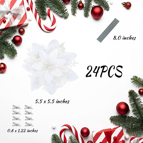 SITUMEIZI 24 Pcs White Poinsettia Flowers for Christmas, Glitter Poinsettia Artificial Flowers 5.5" with Clips Fake Christmas Ornaments Xmas Tree Wreath New Year Decorations - color: White