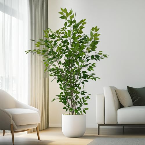 6ft Artificial Ficus Tree with White Plastic Planter | Collapsible trunk structure enables quick assembly and compact space-saving storage - color: Green, size: 6ft