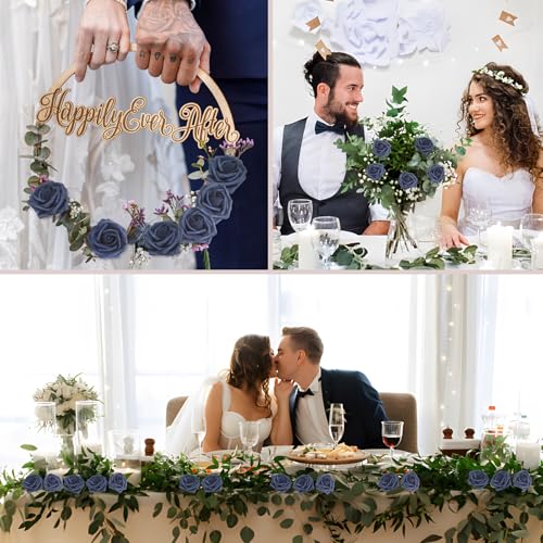 Artificial Flowers Navy Blue Roses 50PCS Real Looking Foam Fake Roses with Leaves and for DIY Wedding Bouquets Bridal Shower Centerpieces Party Decorations (Navy Blue) - color: Navy Blue, size: 50