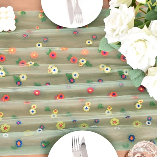 Joanlody 3pcs Sage Green Embroidery Daisy Spring Summer Table Runner Florals Seasonal Tulle Table Runner for Home Garden Tea Party Holiday Birthday Decoration - color: Sage Green, size: 10ft x 3pack
