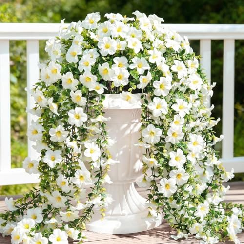 Artificial Hanging Flowers for Outdoors, 6 PCS Silk Morning Glory Artificial Flowers with Eucalyptus Leaves, UV Resistant Fake Flower Realistic Faux Plants for Home Patio Porch, Petunias+White - color: Petunias-white