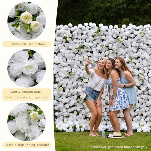 rosemorning 8x8FT White and Green Artificial Flower Wall Backdrop,5D Silk Flower Wall Panel for Wedding Party Birthday Baby Shower Photo Booth Decor Easy to Install Reusable - color: Linen-white, size: 8Ft*8Ft