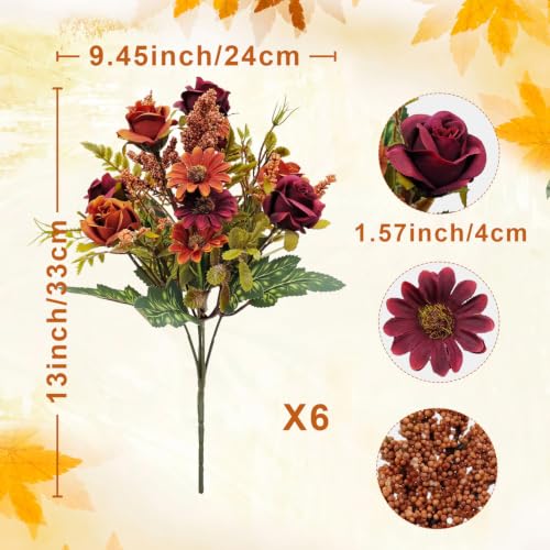 Fall Flowers Artificial for Decoration, 6 Bundles Fake Fall Flowers Faux Rose with Artificial Mums for Outdoors Front Porch Garden Patio Planter Home Table Centerpiece Fall Decor(Fall Red) - color: Fall Red