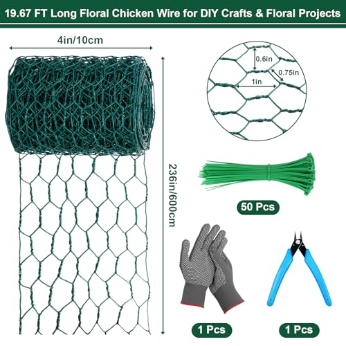 Floral Chicken Mesh for Craft, 4 x 236 Inch Galvanized Hexagonal Netting Roll, Lightweight Garden Poultry Fence for Coop & Rabbit, Metal Mesh Kit with Gloves, Ties and Plier - size: 4 x 236 Inch